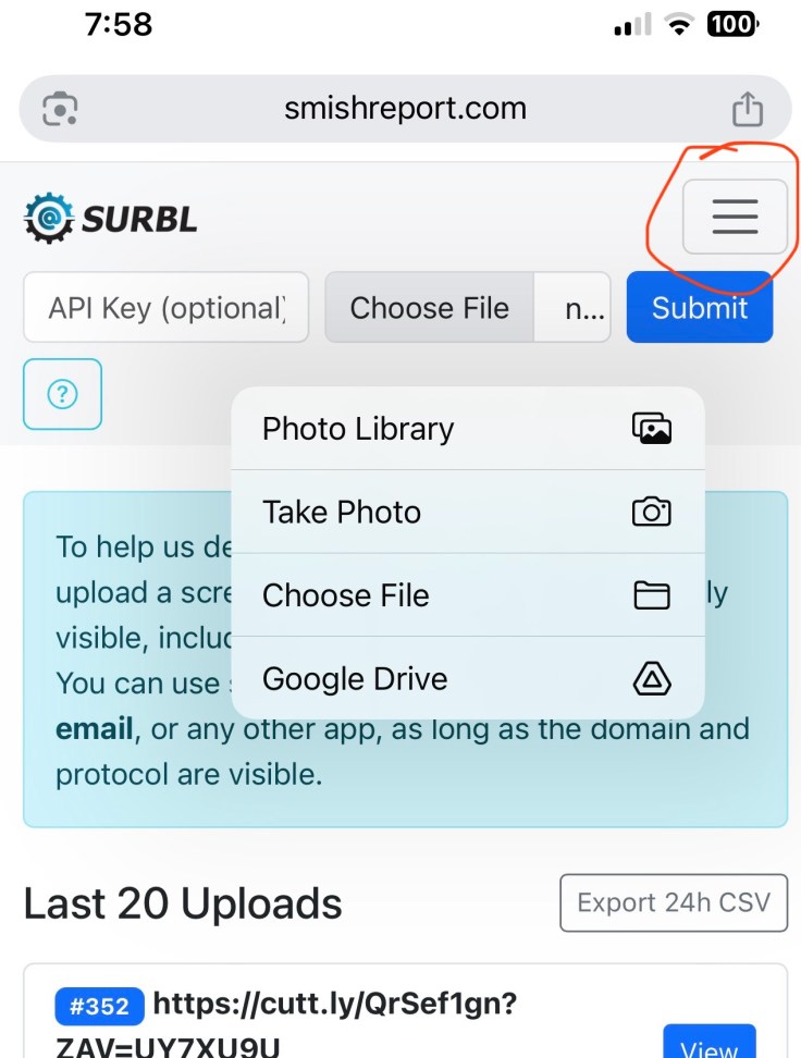 SURBL Image upload screen