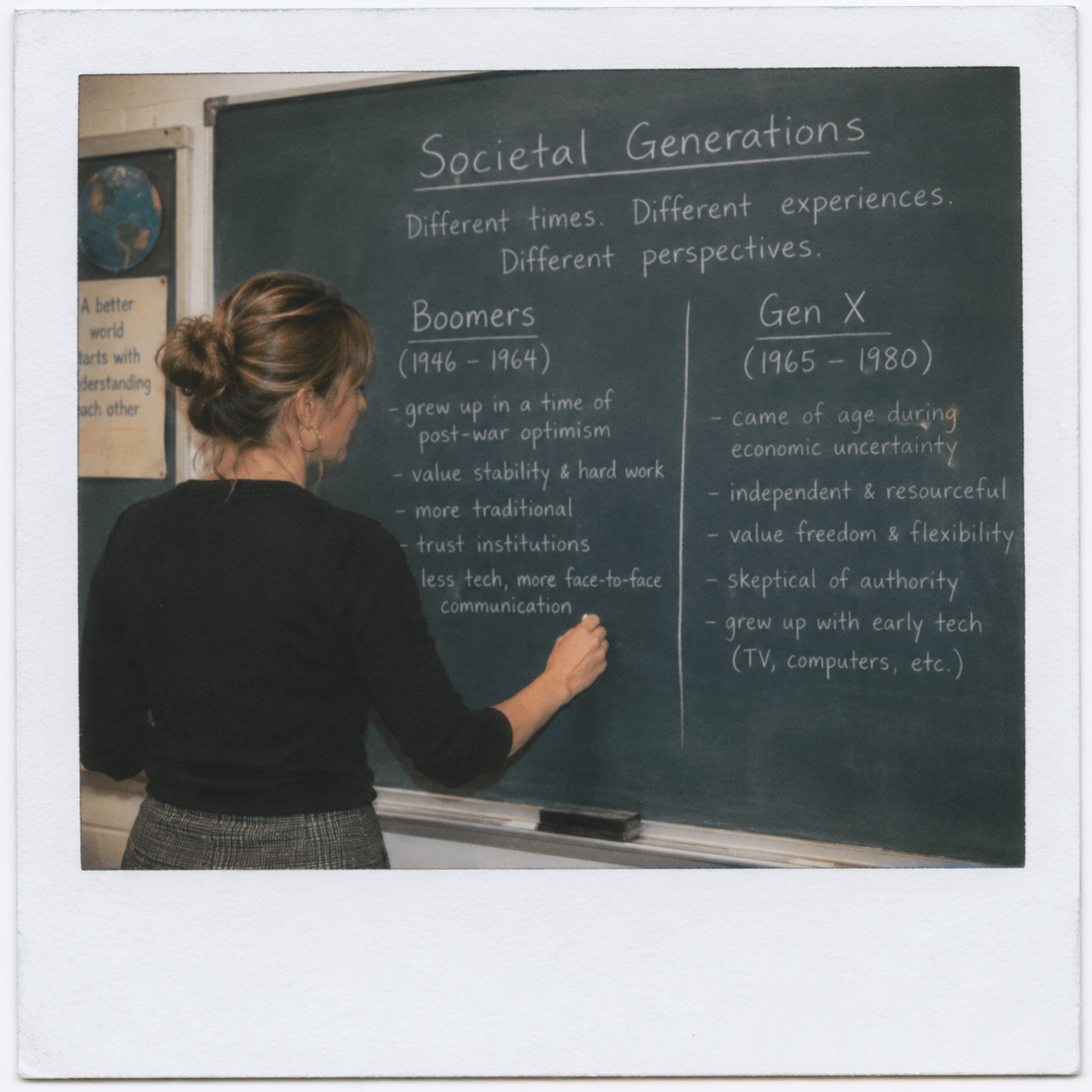 A female teacher writing with chalk on a chalkboard describing societal generations and the differences between Genx and Boomers